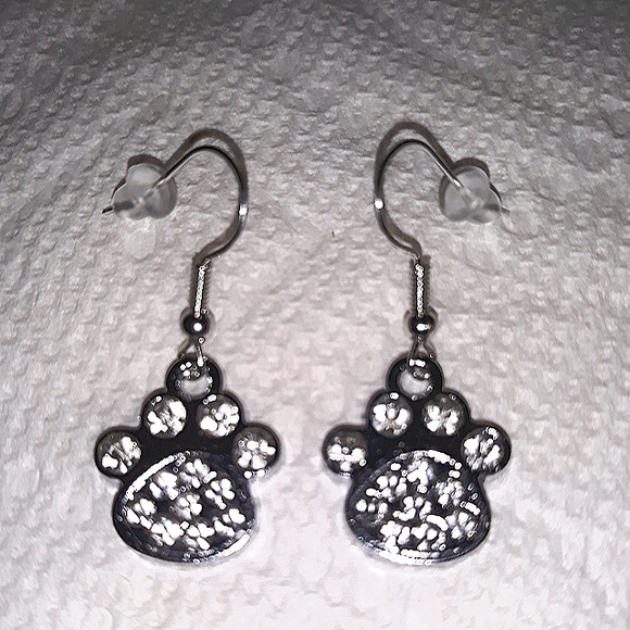 Crystal Paw Print Dangle Earrings Cat Dog Rhinestones Silver Pierced NEW - Picture 11 of 12